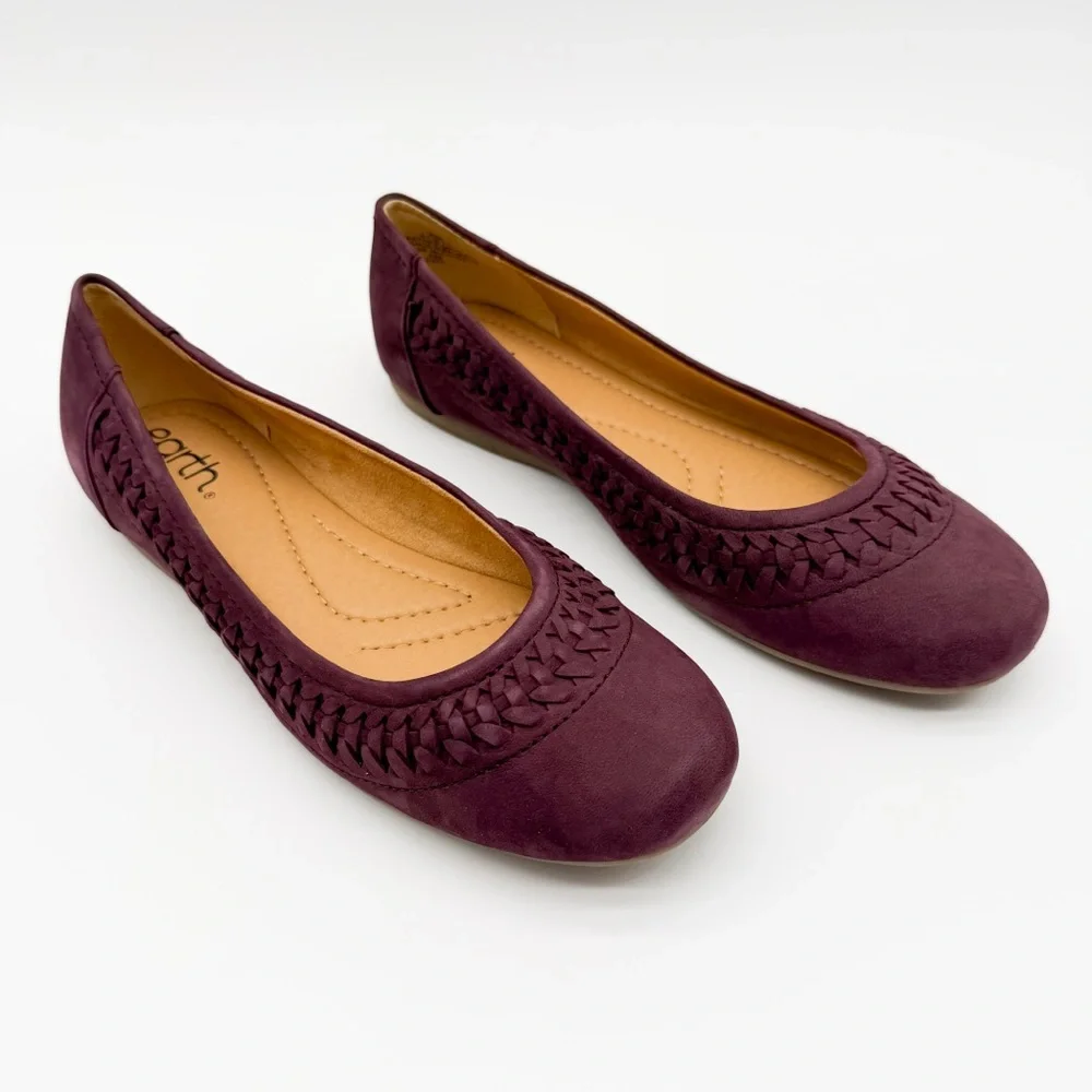 Earth Jett Comfort Ballet Flats Nubuck Suede Woven Detail Purple Burgundy 8 NEW